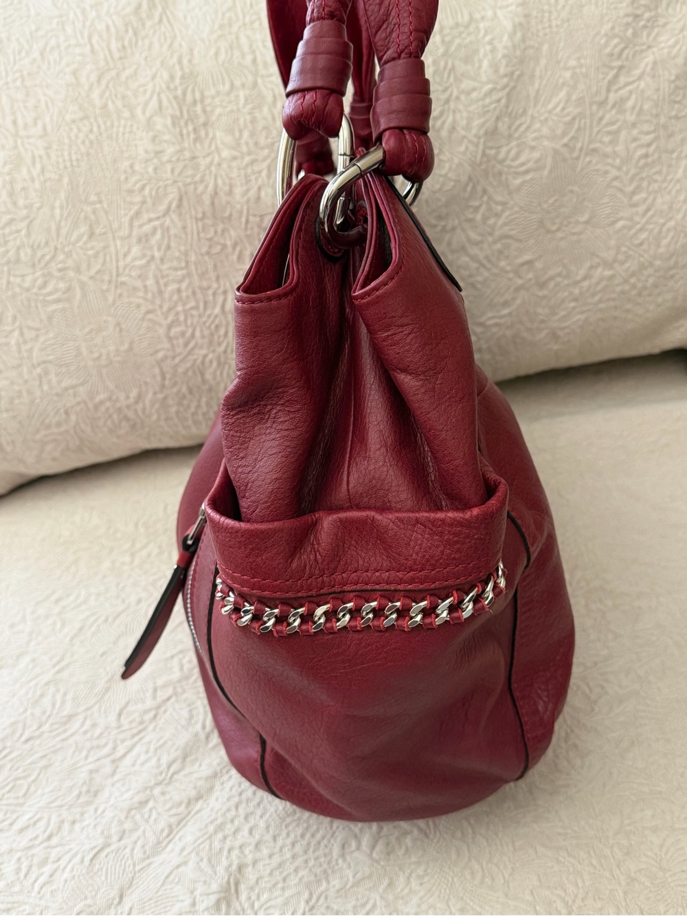 B. Makowsky Red Leather Shoulder Bag with silver detail. - Picture 3 of 8